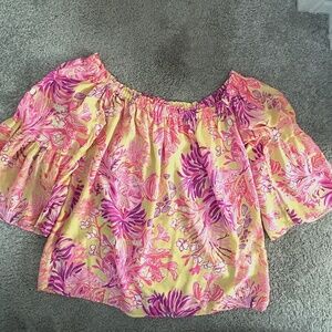 Lily Pulitzer Peasant Top, "Calla Yellow Floral Coral" SzM, Yello, pink, magenta
